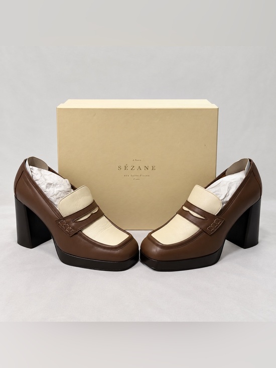 Sezane Shoes - Sezane Jessie Loafers Platform Block Heel Brown Cream Leather Size 11 / 42